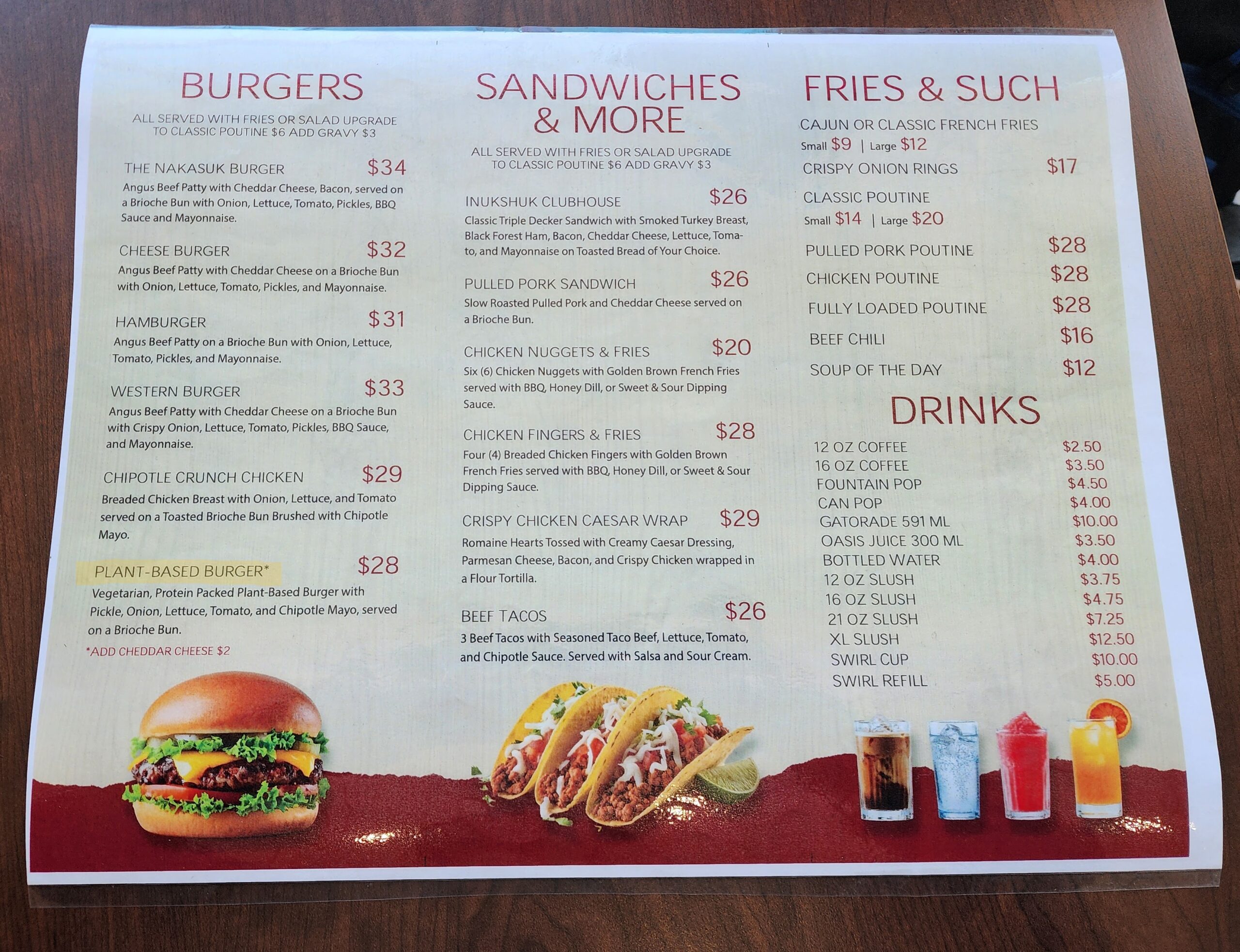 Menu indicating a plant-based burger. Location: Airport of Iqaluit.